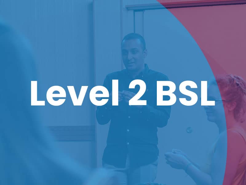 A person stands in front of a group, signing, with the words "Level 2 BSL" overlaid in bold white text.