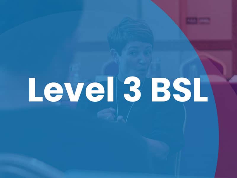 A person using British Sign Language sits indoors with "Level 3 BSL" text overlayed in bold white letters across the image.