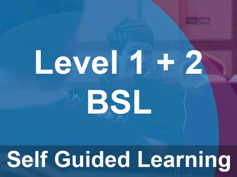 Text on a blue overlay reads: "Level 1 + 2 BSL Self Guided Learning" over a blurred background image of people.