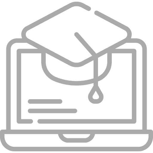 Outline of a laptop with a graduation cap on the screen, symbolizing online education or e-learning.